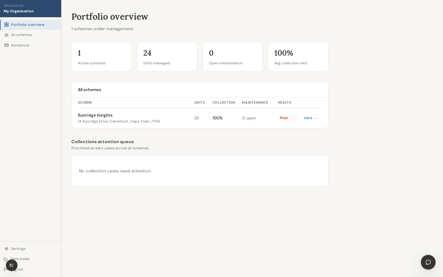 StrataHQ agent portfolio dashboard with scheme and collection information